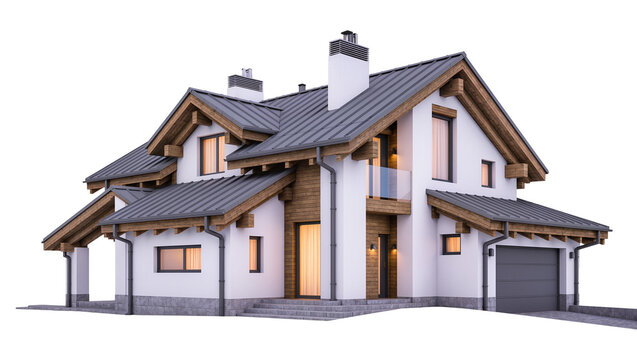 Isolated new modern detached family home exterior design with natural wood and metal