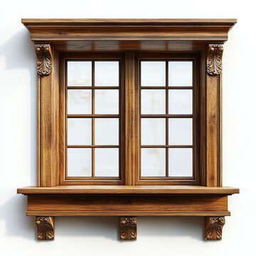 ornate carved wooden double window with decorative corbels, shelf ledge and classical molding on white wall conveying warm elegant charm