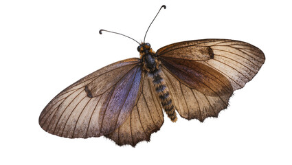 Isolated macro shot of a brown butterfly with delicate iridescent wings, detailed insect. © Ioana