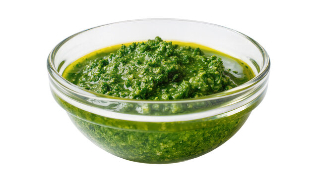 Isolated traditional Italian green pesto sauce in a clear glass bowl, fresh basil condiment