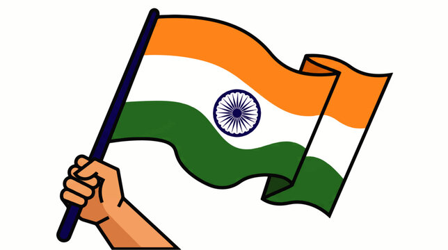 India Independence Day Celebration with Hand Holding Indian National Flag Simple Flat Vector Illustration