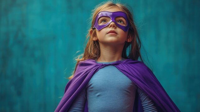 child wearing a purple cape and blue shirt standing in a confident heroic pose against a textured teal background expressing playful determination and empowerment