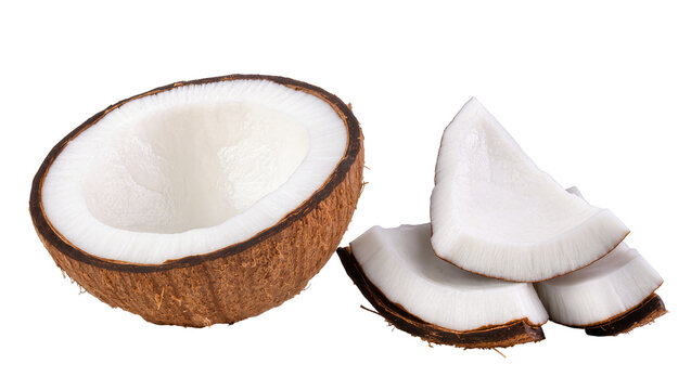 Isolated fresh organic coconut half and raw tropical fruit slices with shell for cooking