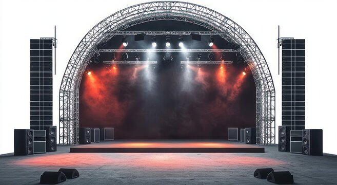 empty concert stage with arched truss, stacked speakers, stage monitors, fog and red and white spotlights creating dramatic anticipation
