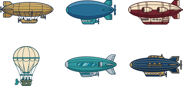 Collection of airship and blimp icons and vectors, including airship collection and blimp collection, in various styles