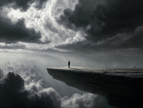 Lone Figure on a Dramatic Stone Platform Over Clouds