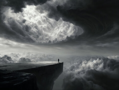 Lone Figure on a Dramatic Stone Platform Over Clouds