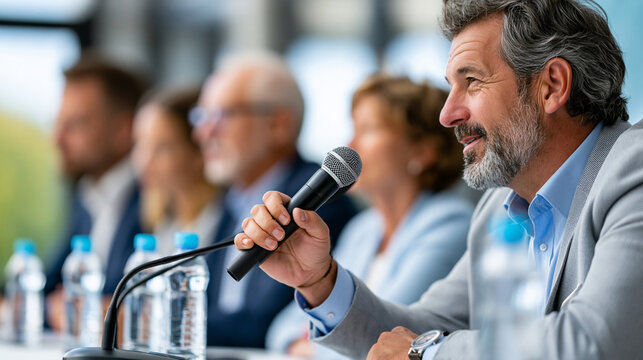 Faceless expert panelist leaning forward and making decisive point into microphone during high-profile policy summit with other panelists and moderator listening intently, thought