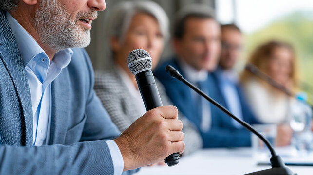 Faceless expert panelist leaning forward and making decisive point into microphone during high-profile policy summit with other panelists and moderator listening intently, thought