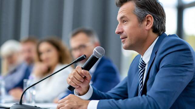Faceless expert panelist leaning forward and making decisive point into microphone during high-profile policy summit with other panelists and moderator listening intently, thought