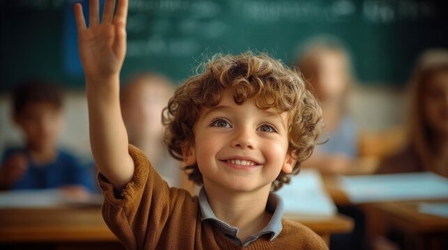 eager curly haired student raising hand in classroom with chalkboard and blurred classmates, attentive and engaged