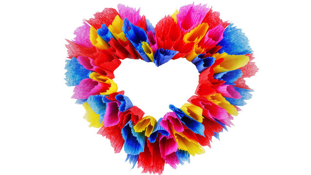 Isolated bright vibrant multicolored heart made of crumpled paper ruffles, love and joy concept.