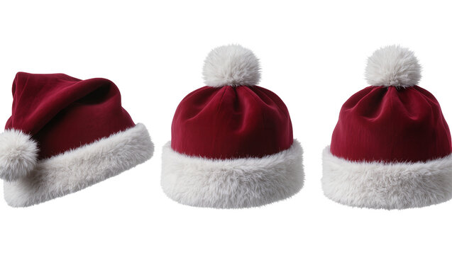Isolated three festive red and white Santa hats with fluffy trim and pom-poms for Christmas