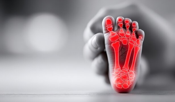Human foot anatomy illustration showing skeletal structure with highlighted bones in red against a blurred monochrome background for educational purposes