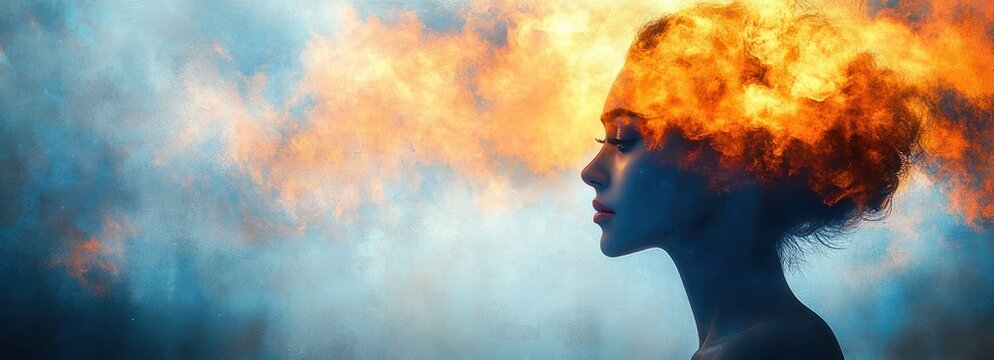 silhouette of a person with hair transformed into vivid orange flames and smoke against a cool blue misty background, conveying fiery intensity and emotional turbulence