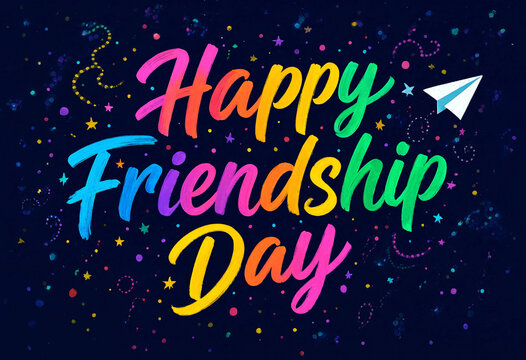 Colorful happy friendship day celebration with vibrant text and playful decorations on dark background