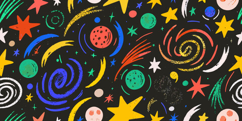 Space themed pattern with planets stars and swirls on a dark background © Prosanta