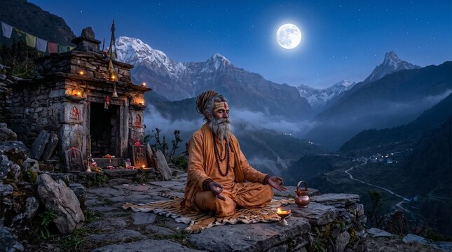 An Indian sadhu meditates in full moon night next to a small stone shrine, against the majestic backdrop of snow-capped Himalayan peaks and a starry sky