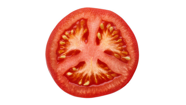 Isolated fresh ripe red tomato slice cross-section revealing juicy pulp and seeds.