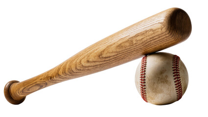 Isolated wooden baseball bat and ball, essential classic sports equipment for professional game. © Ioana