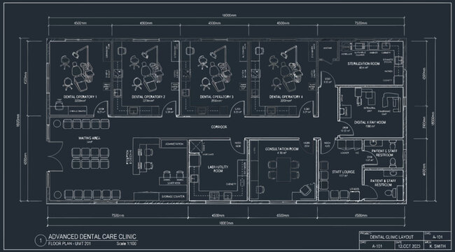 Architectural floor plan of an advanced dental care clinic with multiple treatment rooms and reception area