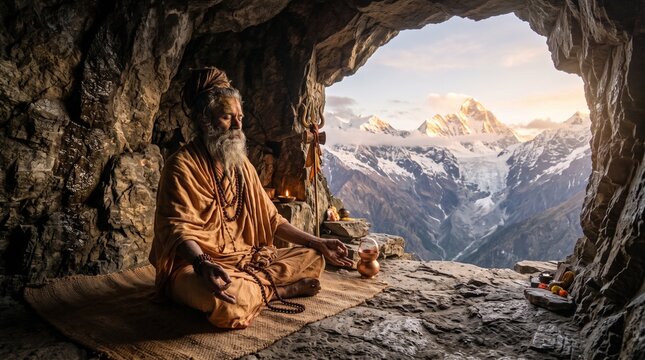 An ascetic Indian sadhu meditates inside a rocky cave, looking out towards the grand, snow-covered peaks of the Himalayan mountains at sunrise