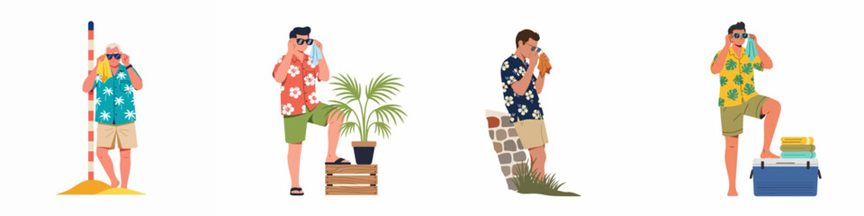 Collection of diverse men in colorful Hawaiian shirts cleaning their sunglasses, flat vector illustration for summer vacation and tropical travel themes. © Sabar