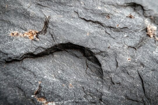 close-up of dark gray slate rock with shallow oval indentation, small tan mineral flecks and cracked weathered texture conveying quiet rugged stillness