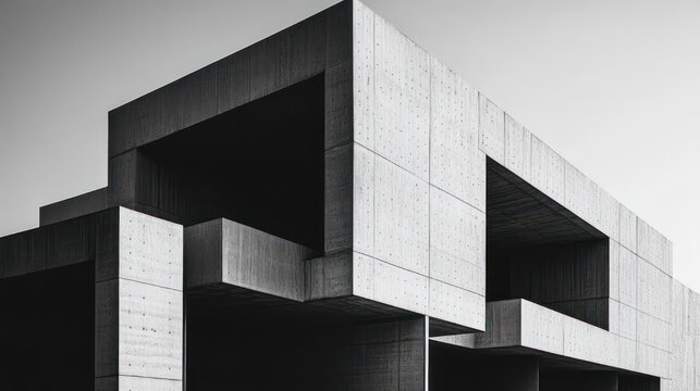 Monochrome brutalist concrete building composed of stacked rectangular volumes and deep shadowed openings, austere and contemplative