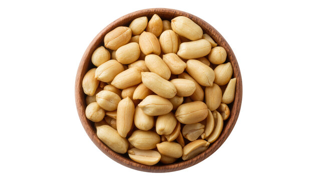 Isolated round wooden bowl brimming with delicious blanched peeled peanuts for healthy snack.