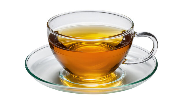 Isolated transparent glass teacup filled with hot amber tea on a clear saucer, ready to drink.