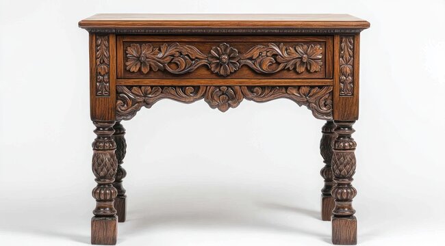 Ornate carved wooden side table with floral motifs, turned legs and single drawer, polished antique finish conveying timeless elegance and refined craftsmanship