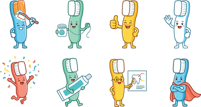 Collection of Cartoon Toothbrush Character Illustrations Featuring Fun Poses, Camera, Toothpaste Tube, Dental Chart and Superhero Cape