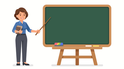 A smiling woman teacher stands beside a large empty green chalkboard in classroom © sajjadhossain