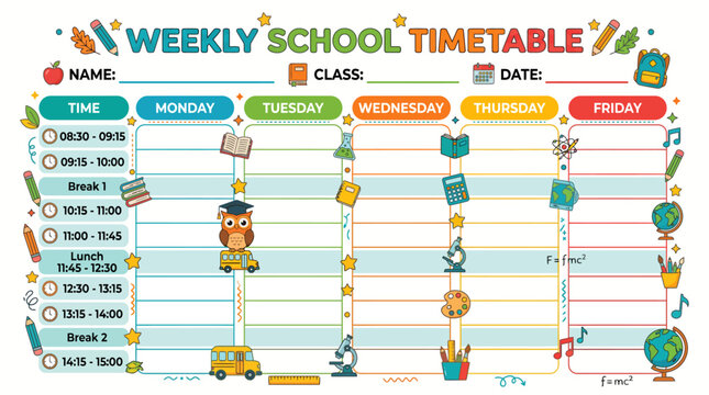A colorful weekly school timetable illustration with cartoon elements for kids in classroom