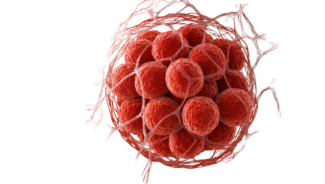 Isolated microscopic view of red cells entangled in a transparent fibrin-like network