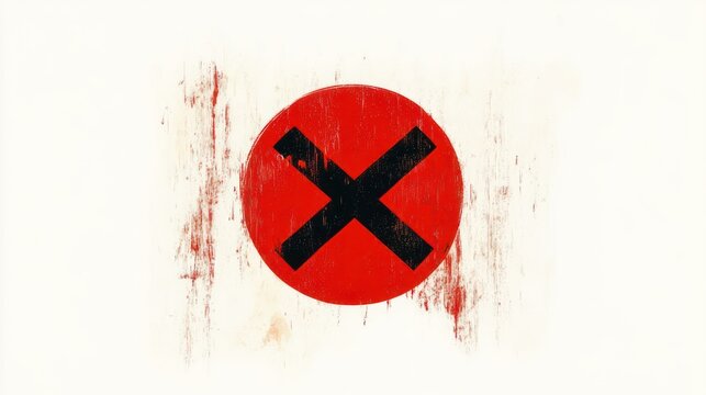 worn red painted circle with a distressed black diagonal cross on a weathered white background, dripping paint and grunge conveying a stark warning and rejected mood