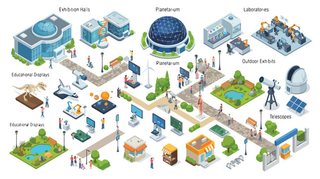 Isometric science museum complex with planetarium and exhibition halls, educational center vector set, laboratory and observatory buildings