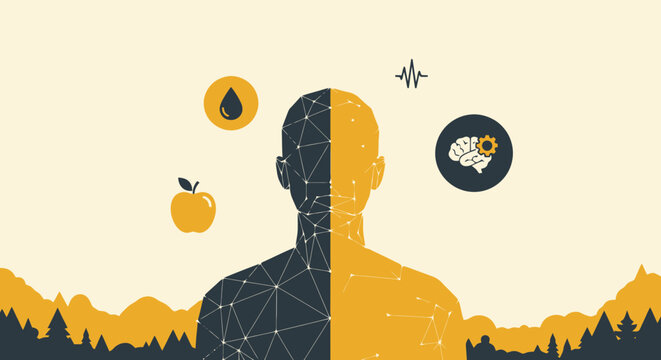 Illustration depicting the duality of human existence, with one half representing the natural world and the other the technological realm.