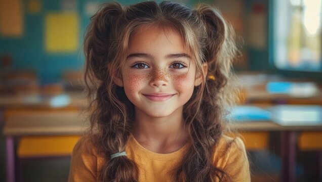 young girl with braided pigtails wearing a yellow shirt sitting at a school desk in a colorful classroom, calm and contemplative mood
