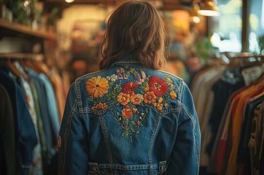 person with embroidered floral denim jacket viewed from behind standing among clothing racks in a cozy boutique, warm light and a nostalgic contemplative mood