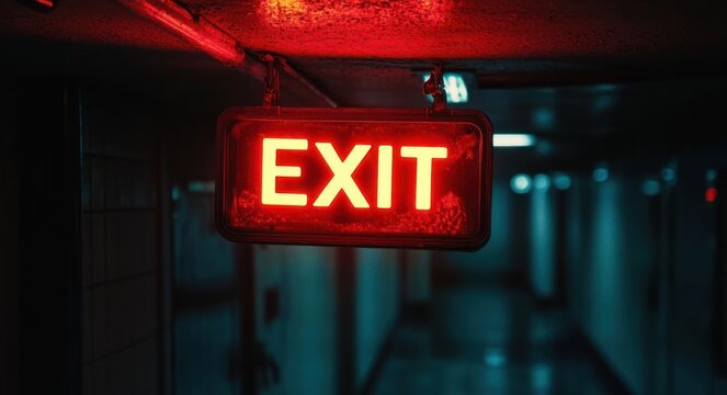 glowing red exit sign hanging in a dim blue-lit corridor, casting a tense cinematic mood