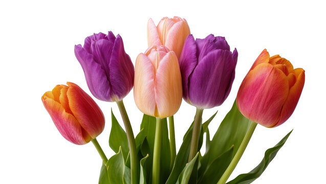 Isolated charming bouquet of blooming colorful spring tulips with fresh green leaves