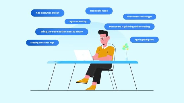 Product Manager Reviewing User Feedback, Feature Requests and Bug Reports &ndash; 2D Business Animation