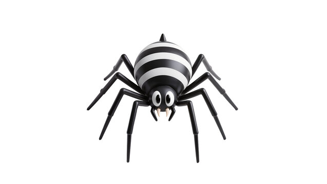 Isolated black and white striped cartoon spider with big eyes and fangs, spooky Halloween character