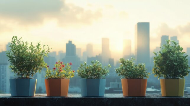 Five potted plants on a rooftop ledge overlooking a sunlit city skyline at sunrise, calm and hopeful morning atmosphere