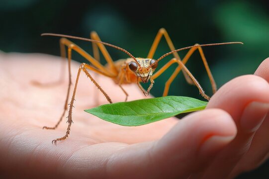 close-up of an orange stick insect perched on a human hand nibbling a green leaf, curious and gentle interaction
