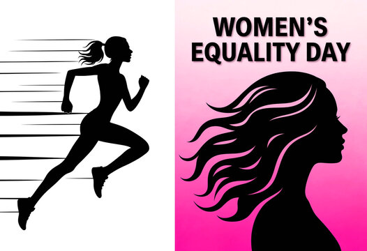 Inspirational women equality day design with running woman and flowing hair silhouette illustration