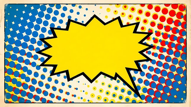 Yellow comic burst bubble on halftone dot background.