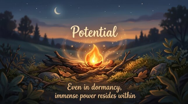 A Glowing Fire in a Twilight Landscape Symbolizing Dormant Potential